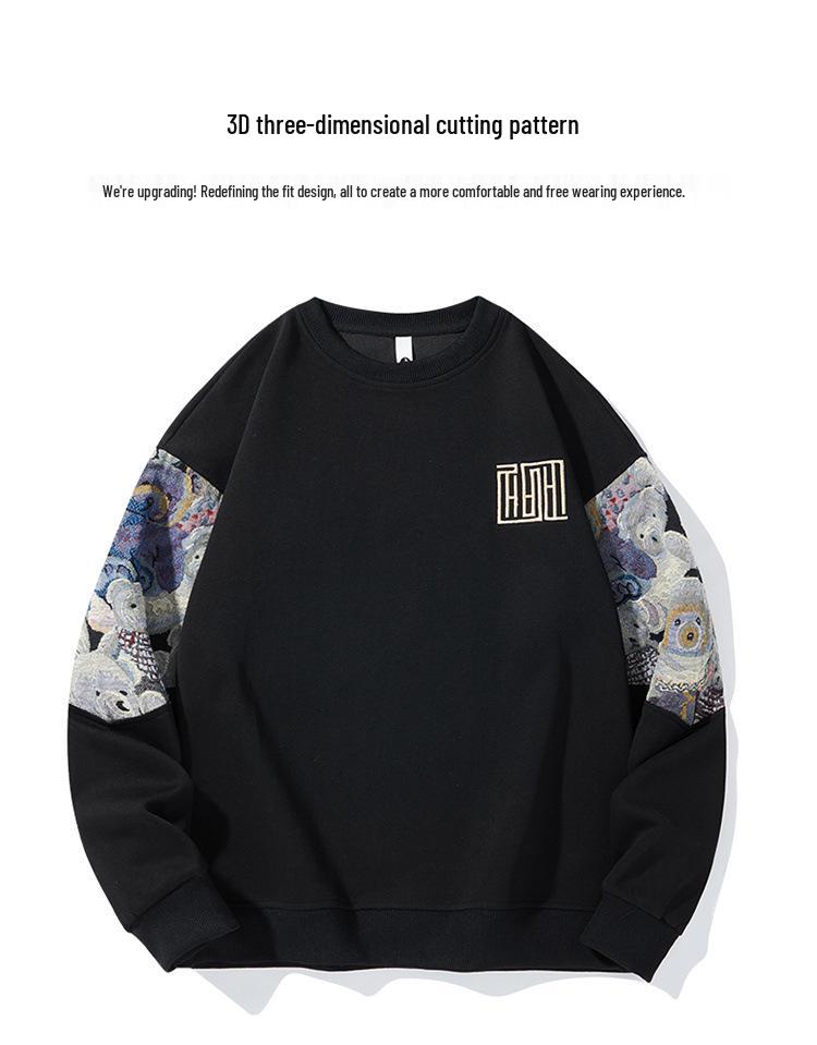Plus Size Ethnic Style Embroidered Men's Hoodie - Autumn/Winter Retro Round Neck, Velvet, Long Sleeve, Enlarged Fit