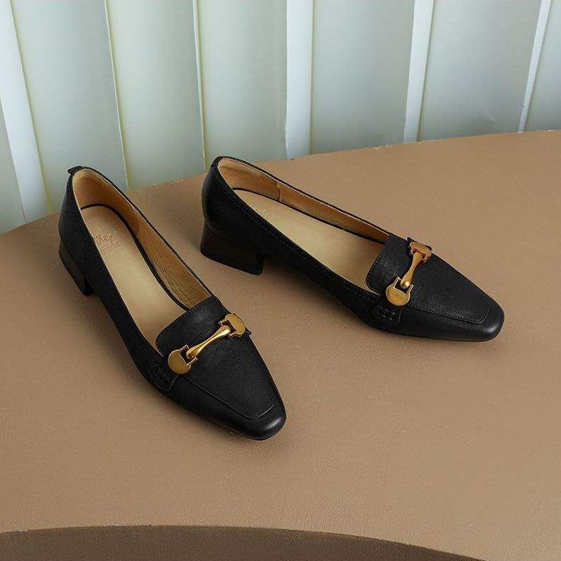 

Banfang женская обувь ручной работы 2025 весна новая мягкая кожа лоферы острый носок французский ретро средний каблук толстый каблук одинарная обувь женщины 39