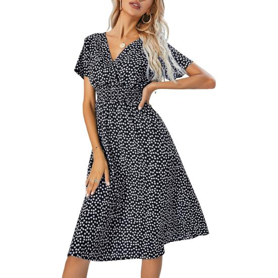Women Polka Dot Chiffon Midi Dress Short Sleeve V Neck Flowy Dress Bohemian Summer Beach Sundress with Elastic Waist