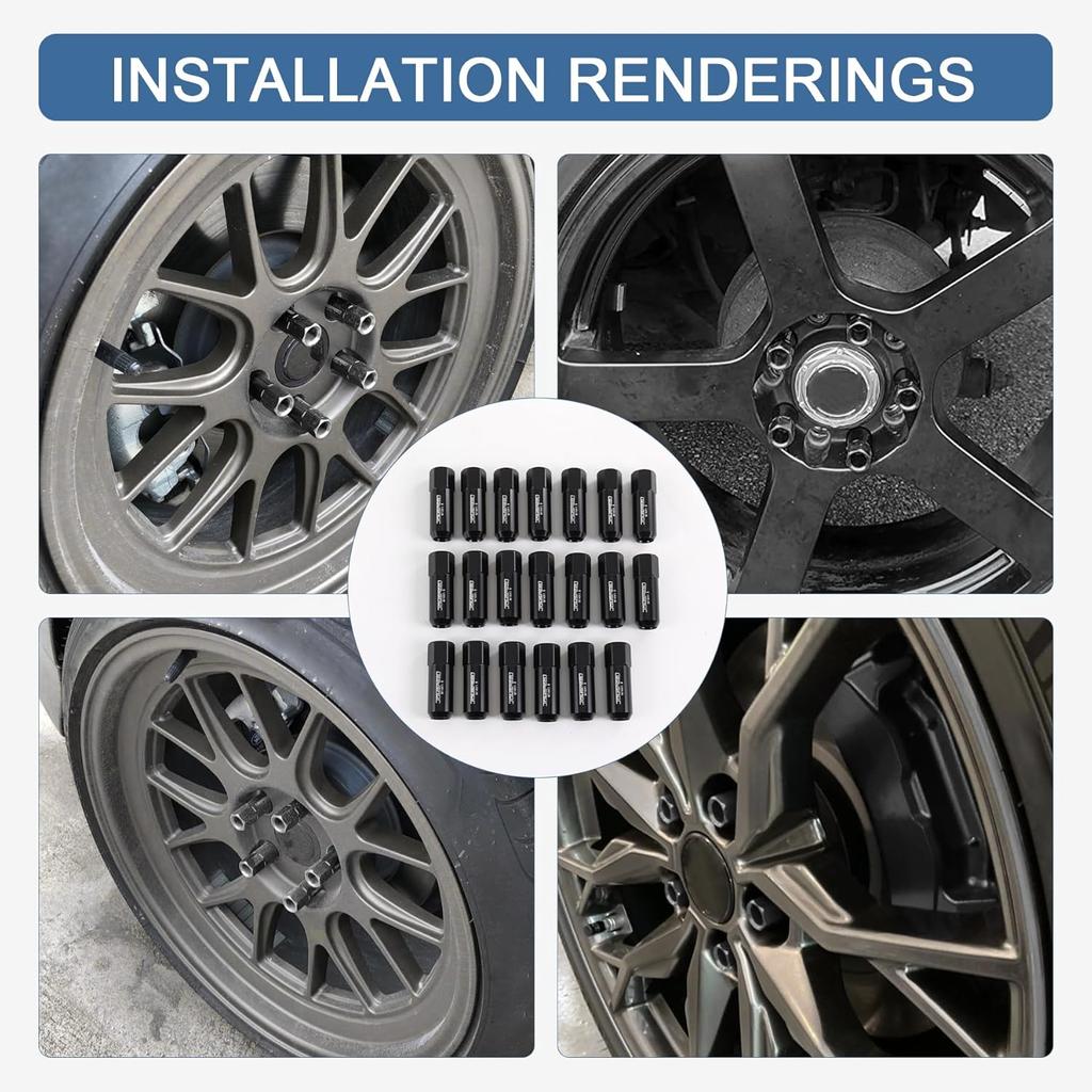 Extended Forged Aluminum Tuner Racing Lug Nut 20PCS - M14X1.5 Thread, 60MM Length, Black