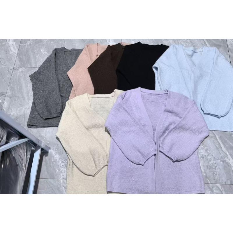 

New simple lantern sleeve v-neck versatile knitted cardigan women s basic solid color knitted cardigan jacket average size светло-синий