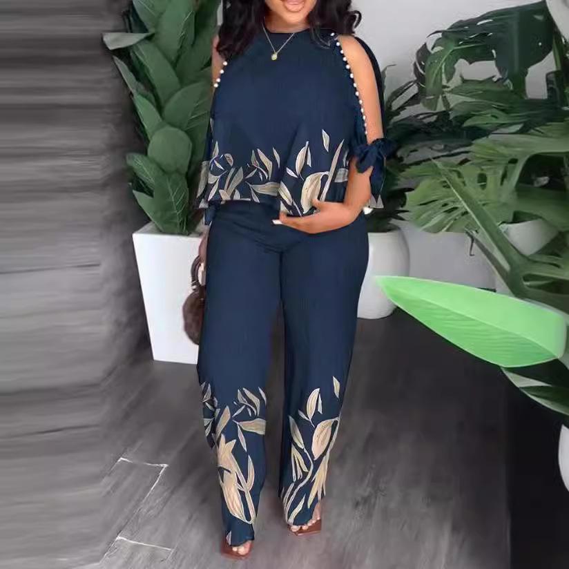 2023 Women's Round Neck Raglan Sleeve Beaded Print Long Pants Set Plus Size, European & American Style