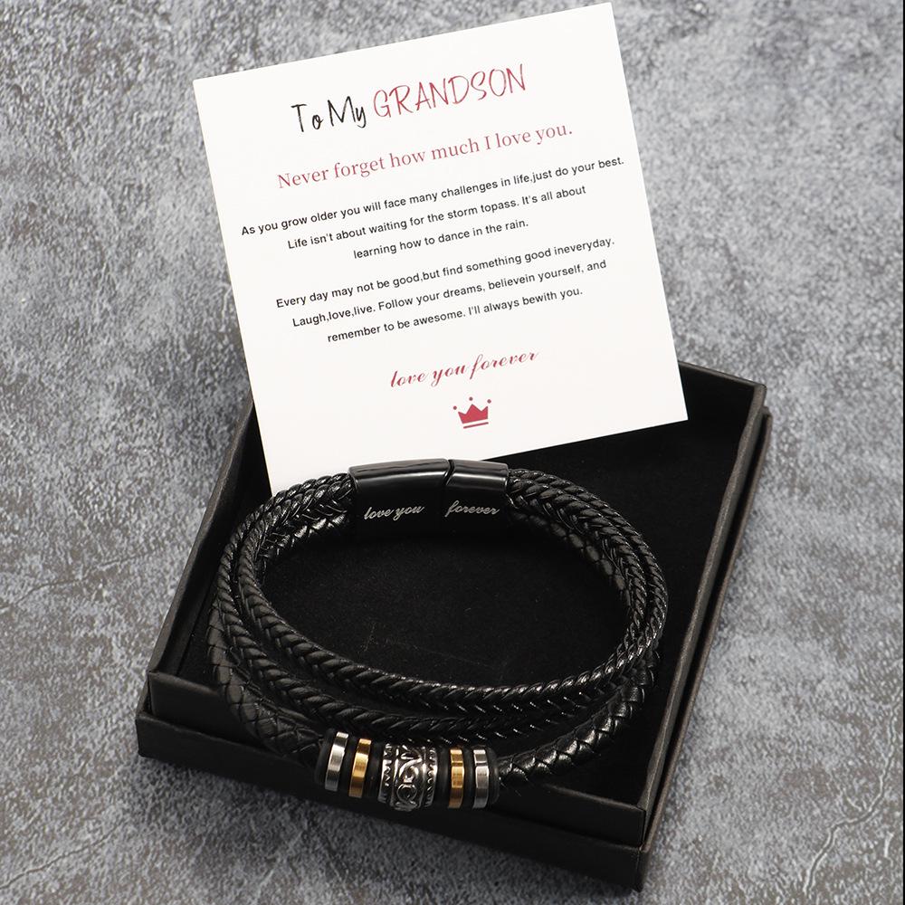 Men's Titanium Steel & Leather Engraved Bracelet Set with Stainless Steel Layers