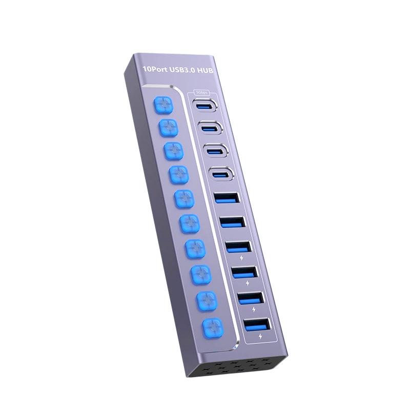 10-Port USB 3.0 Hub with Switch, Charging Type-C Port, One-to-Ten Splitter
