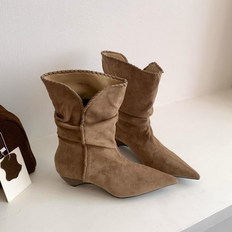 

Мода Уличный Стиль Винтажные Ботильоны Женские Зимние Остроносые На Тонком Низком Каблуке Короткие Боты Женские 42