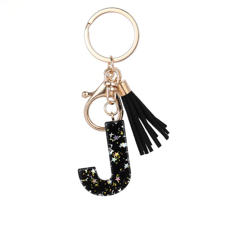 Black Resin Keychain with English Letter Pendant and Tassel