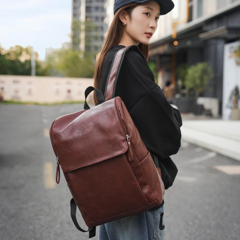 Solid Color PU Backpack Men's Large Capacity Backpack Student Sports Travel Computer Bag