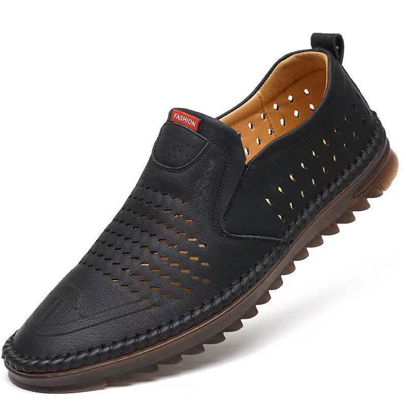 2025 Spring and Summer PU Hollow Men's Shoes Foreign Trade Men's Casual Leather Shoes Low-top Breathable One-pedal Lazy Shoes