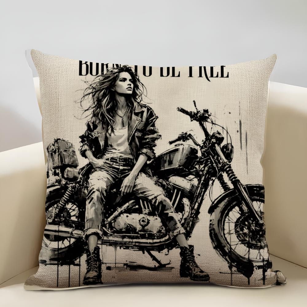 Female motorcyclist Cushion Household Decoration Linen Sofa Cushion Cover: Skin-Friendly & Breathable with Invisible Zipper