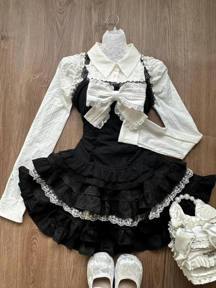 Podzimní Zima Módní Mašle 3dílná sada Dámské Retro Sladká košile s dlouhým rukávem Tenký šátek + Elegantní krajkový oblek Krátká sukně s vysokým pasem Nové