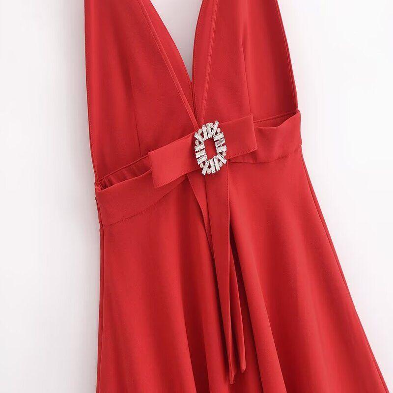 Fashion Style 2024 Autumn New Women's Clothing V-neck Brace Back Rhinestone Bows Dress 9878160