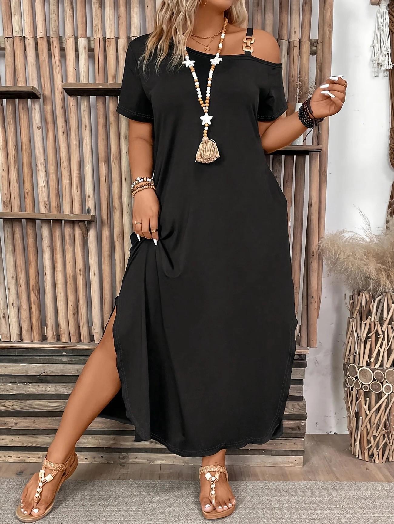 

Sleek V-Neck Short Sleeve Split Hem Jumpsuit Dress 4XL