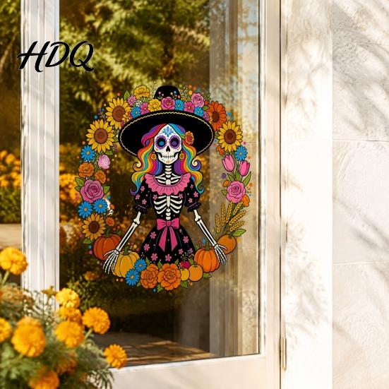Versatile DIY Window Paster Day of the Dead Sugar Skull Lady Static Cling Día De Los Waterproof PVC Clings Muertos Sunflower Wreath Glass