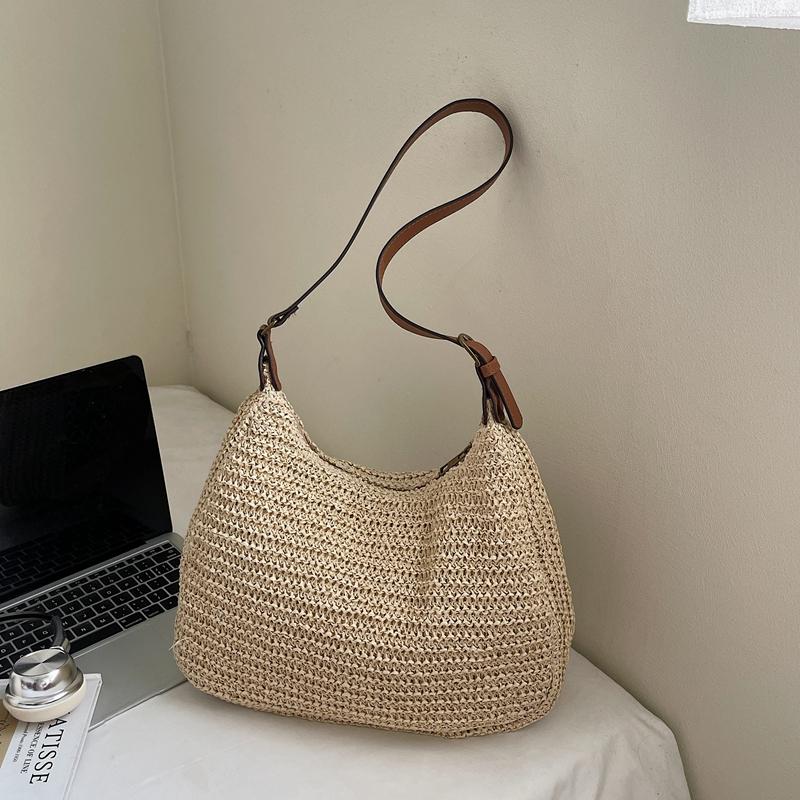 Crochet Mesh Shoulder Bag Women Summer Beach Tote With Leather Strap Natural Style Design