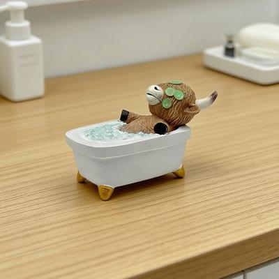 Highland Sığır Heykeli Rahatlayan Banyo Yapan Sığır Reçine Masaüstü Süsleme Salatalık Dilimli Dekoratif Aromaterapi Tepsisi Banyo Dekorasyonu