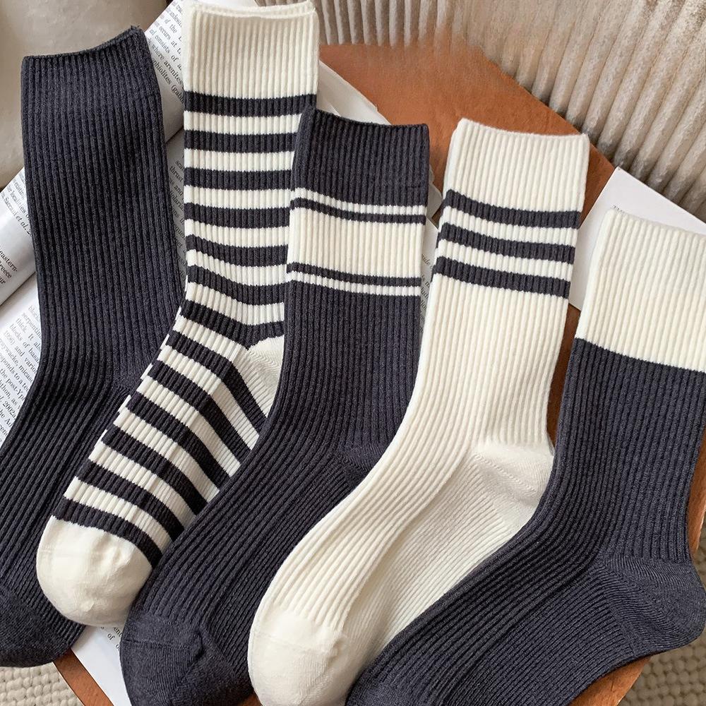 Striped Socks, Women's Pile Socks, Warm Cashmere Socks for Autumn and Winter, Mid-calf Socks, School Style, Versatile Long Socks