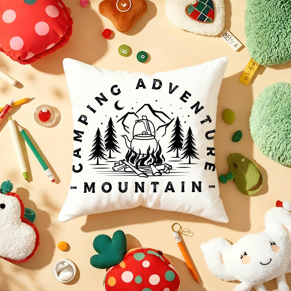 Camping Outdoor Logo Cushion Cover Plush Fabric Soft Double-Sided Printed Sofa Warm Winter Home Child Gift Pillow Case