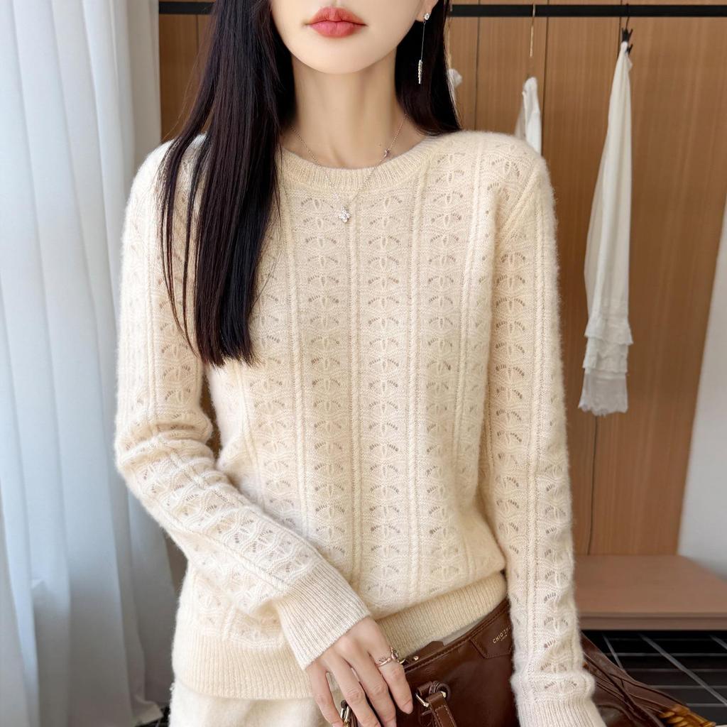 2026 Early Autumn Women's 100% Pure Wool Hollow Out Round Neck Loose Knit Top