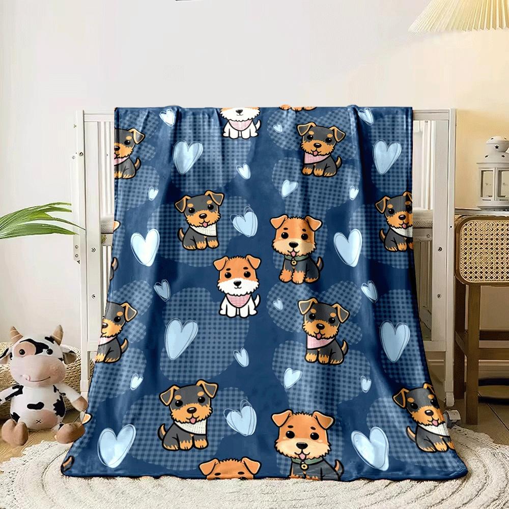 Cute cartoon dogs and hearts on a blue checkered background. for all seasons blanket lunch break throw gift 80cm x 120cm