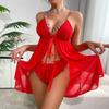 Mesh Floral Strap Bow Slit Nightgown Set With Lingerie Style Underwear