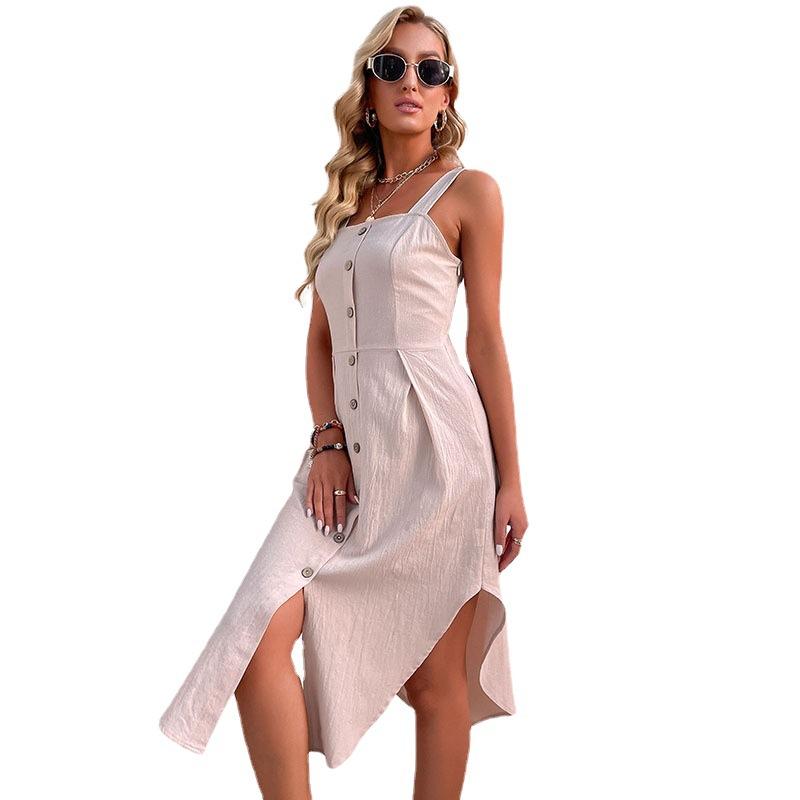 Summer solid color suspender skirt slim-fitting irregular cotton and linen dress