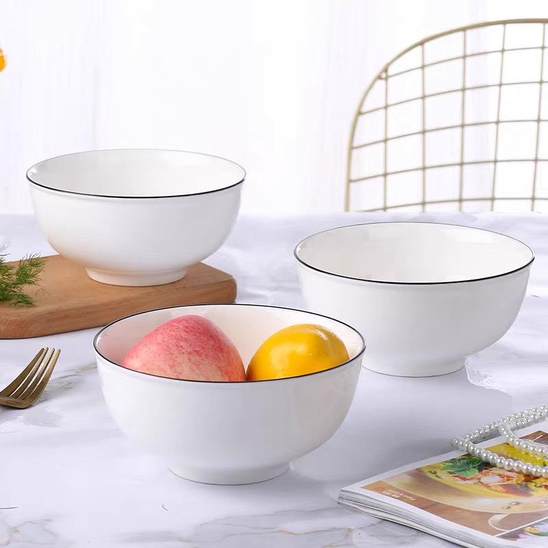 High-Temperature White Porcelain Tableware Set: Black Line Ceramic Bowls, Plates, and Chopsticks