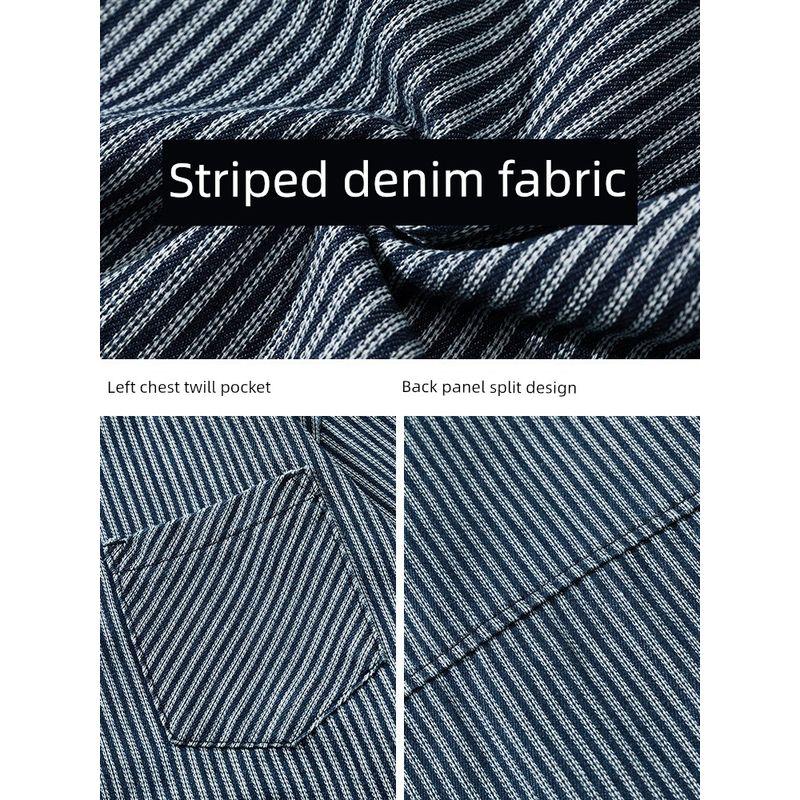 Wassup Trendy Washed Striped Denim Long-Sleeve Shirt for Men, Japanese Casual Retro Blue Shirt Jacket for Spring and Autumn