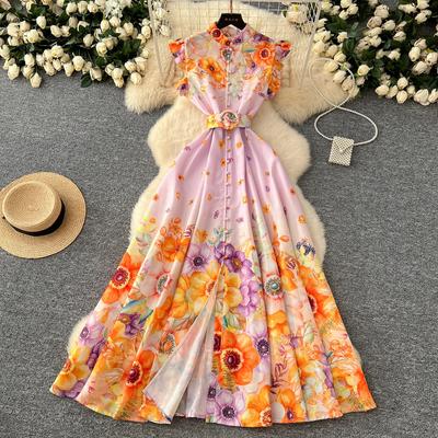 Flower Printing Dress for Women Ruffles Flying Sleeves Contrast Single Breasted Dresses Palace Style Waist Lace Up Dresses