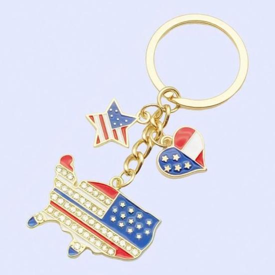 Independence Day Keychain Pendant, Enamel Zinc Alloy Key Holder with USA Letters Stars Hearts Patriotic Design, American Flag Accessory