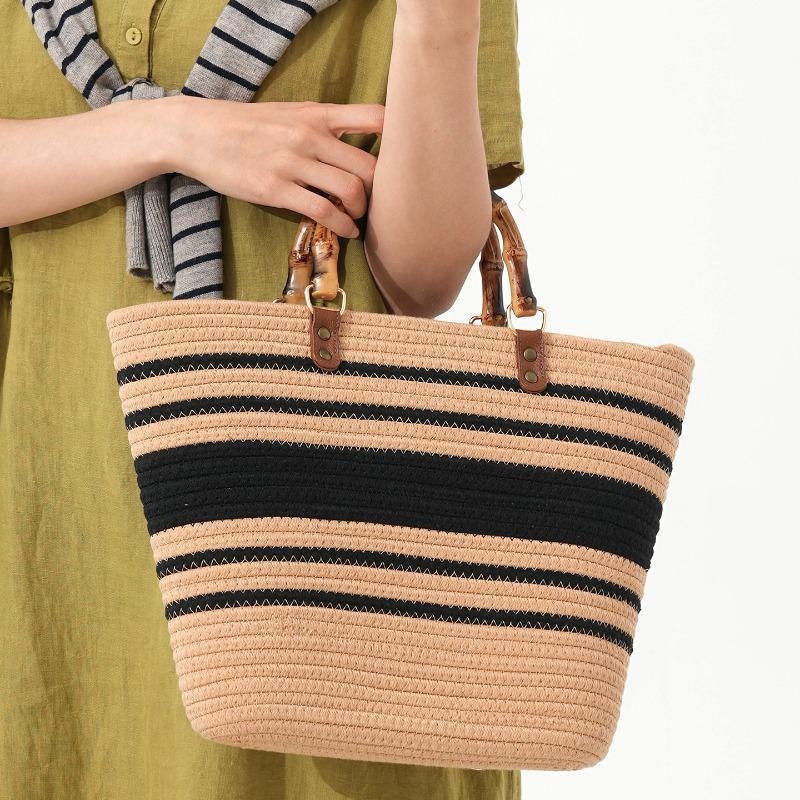 New Striped Hand-held Straw Bag Cotton Rope Machine Nail Woven Bag Large Capacity Seaside Vacation Tote Beach Bag