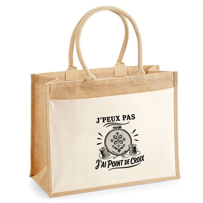 Sac Cabas Jute avec Poche J’peux pas j’ai Point de croix J'peux pas minimaliste | Toile de Jute et Coton 21 L Fond Plat Anses 65 cm