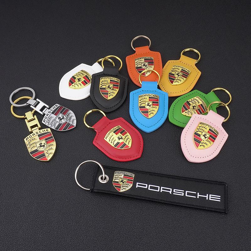 High Quality PU Leather Car Keychain Shield Alloy Keyring Pendant Gift For Porsche Cayenne Panamera Macan Boxster Cayman Sticker Mszh62