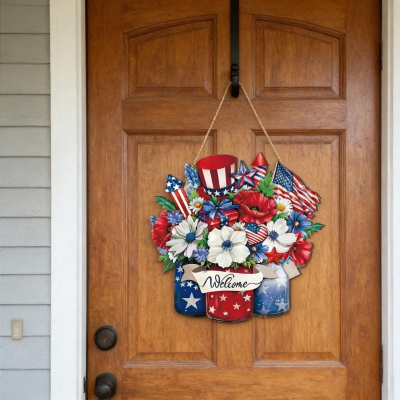 Patriotics Door Decoration Sign 4th of July Wreath for Front Door Hanger Memorial Day Wooden Hanging Sign Wood Plaque