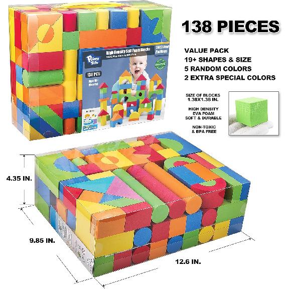 Foam Blocks for Toddlers, 138 Pieces EVA Soft Stacking Building Blocks Toy Set, Early Learning Construction Toys & Gifts for Kids, Boys & Girls 18+
