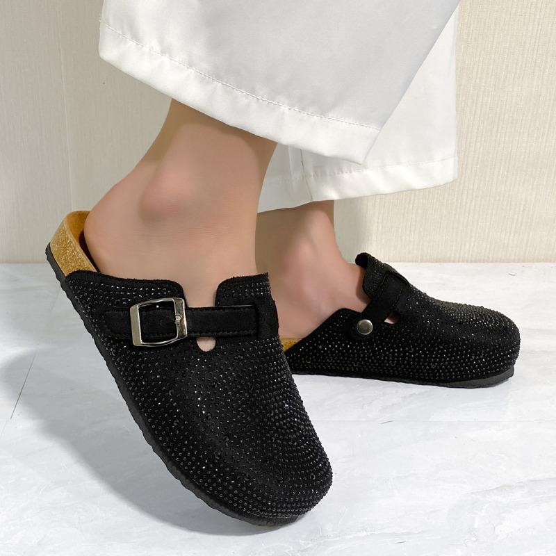 Fashion 2025 New Closed Toe Women's Slippers Fashion Crystal Outdoor Casual Belt Buckle Best Seller Plus Size Comfortable Flat Slippers