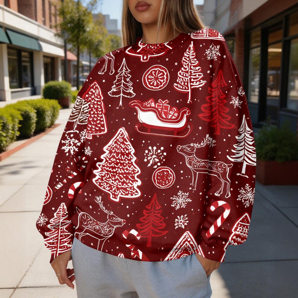 Women's Trendy Christmas Print Crewneck Sweatshirt Lightweight Casual Pullover Top