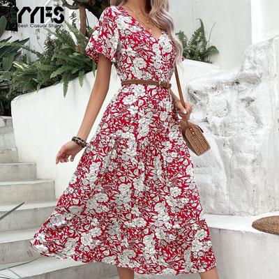 Damenmode Sommer Frühling Blumendruck Kurzarm V-Ausschnitt Freizeitkleider