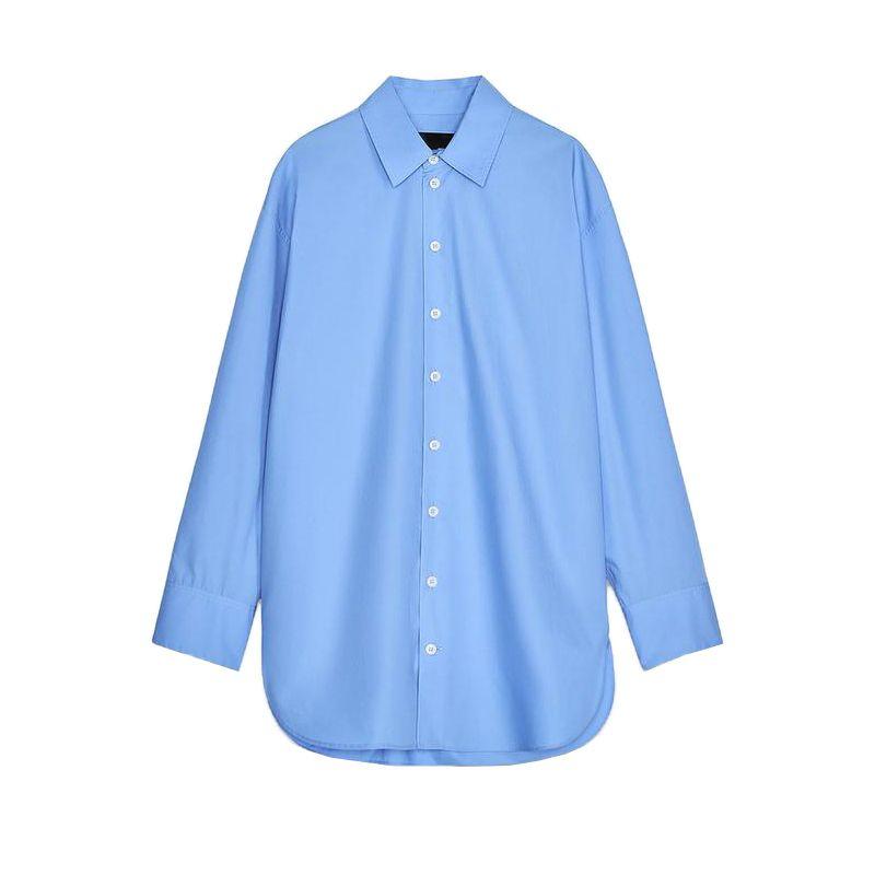 

Summer New Product Women s Clothes Asymmetric Hem Lapel Long Sleeves Loose Cotton Poplin Shirt 2614369 Blue L