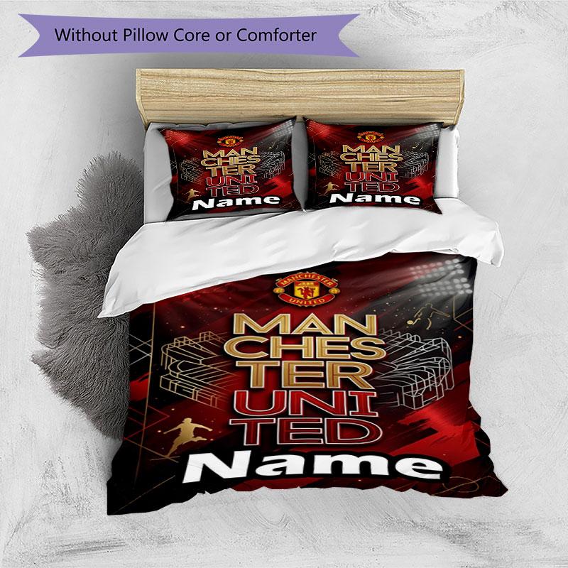 3pcs Duvet Cover Set (1*Duvet Cover + 2*Pillowcase, Without Core), Custom Name Manchester UnitedPattern Bedding Set, Home Bedroom Decor Gift