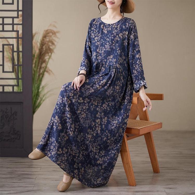 Floral Printing Vintage Maxi Dress for Women Plus Size Spring Summer Long Loose Style Lady Dress
