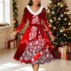 Dames Kerstpatroon Midi Jurk, Lange Mouw V‑Hals Bontrand A‑lijn Feestjurk, Kerstmis Beperkte Editie