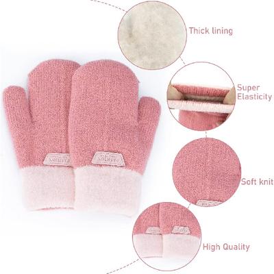 INOGIH Kids Double Layer Warm Knit Mittens Girls Boys Winter Outdoor Gloves for 3-7 Years