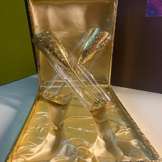 Hand Engraved Gold Plated Brass Champagne Glasses for Party, Home, and Restaurant Gift for Couple Marriage, Anniversary Corporate Clients Set of 2
