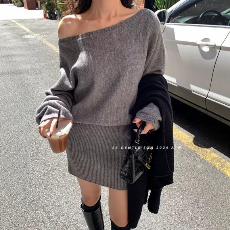 Womens Off-Shoulder Long Sleeve Knit Dress Slim Fit Casual Winter Sweater With Waist Belt