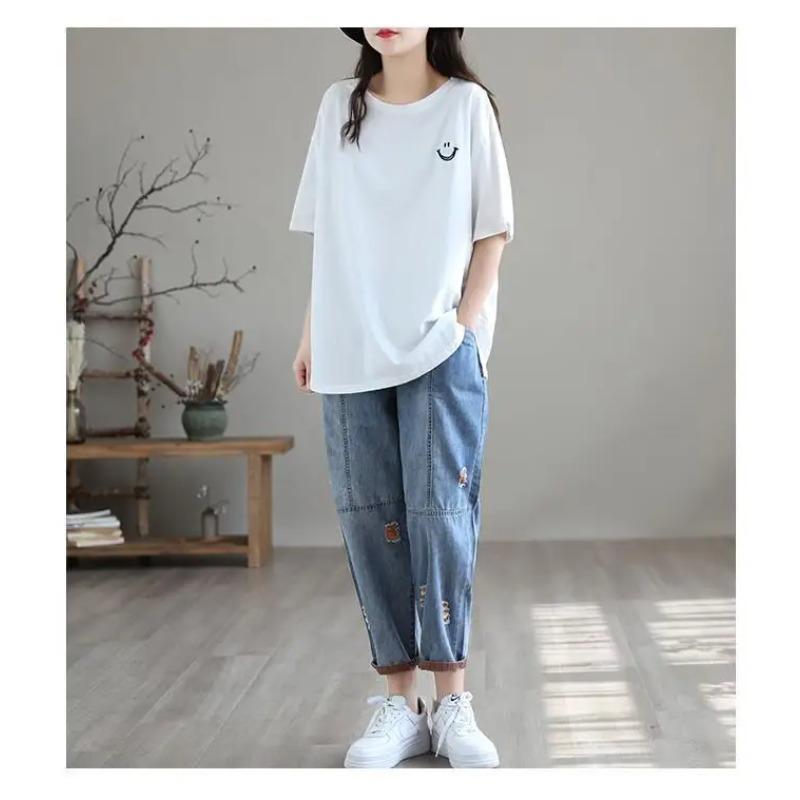 Nine Point Ripped Jeans Women Summer Loose Thin Elastic Waist Casual Harem Pants Denim Ankle Length Pant