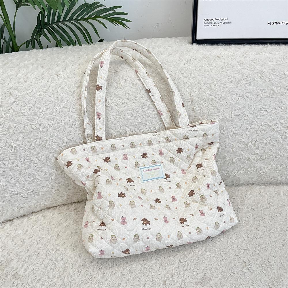 10 Cartoon Printed Quilted Quilted Cotton Bag Shoulder Cotton Bag Women's Horizontal Large-capacity Portable Canvas Bag