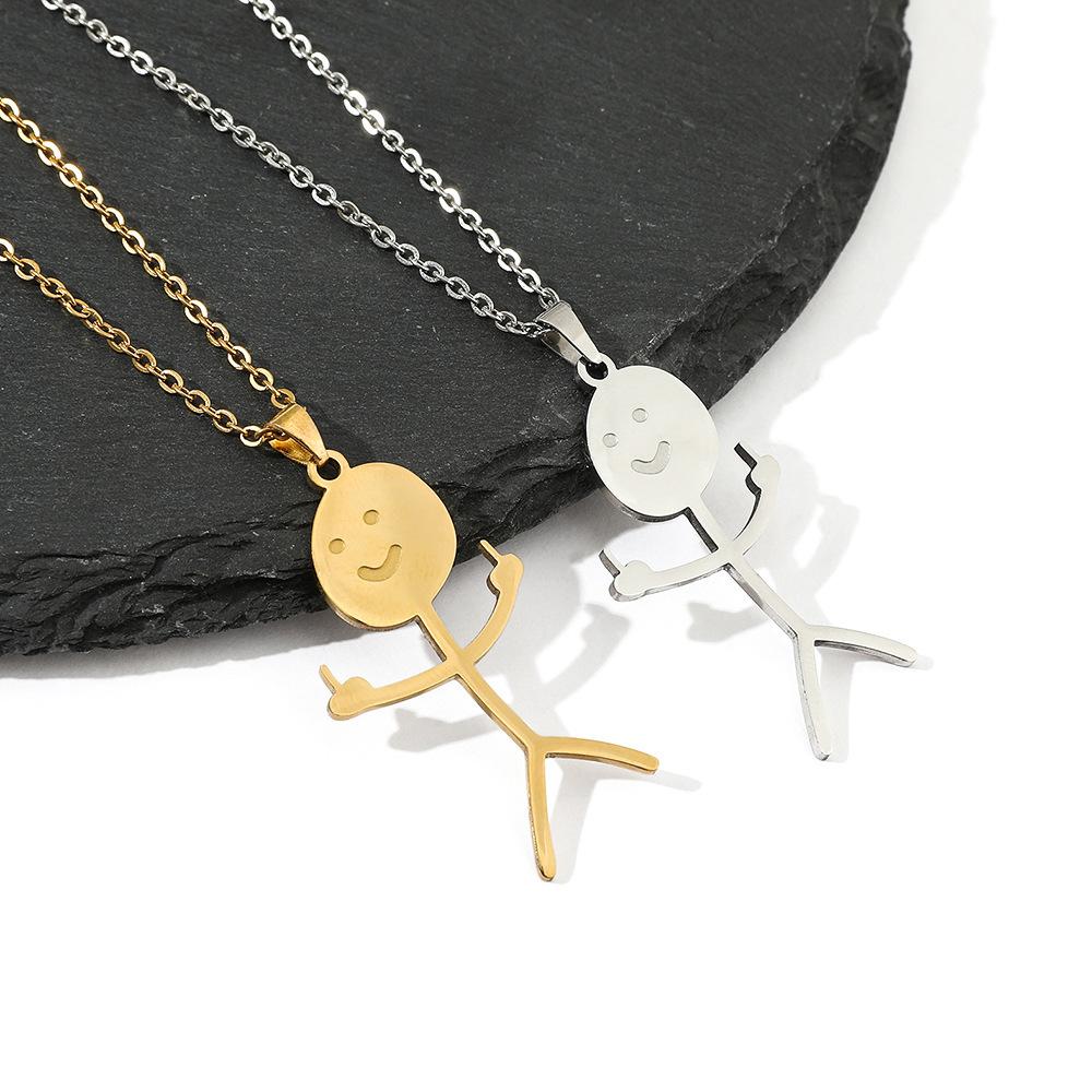Personalized Middle Finger Stickman Pendant Necklace Stainless Steel Matchstick Hand Gesture Necklace Funny Doodle Necklace