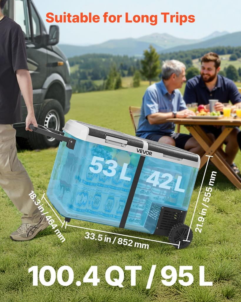 12 Volt Car Refrigerator, 95L Car Fridge, Dual Zone Portable Electric Cooler with Wheels and Handle, -20 to 20, 12/24V DC 100-240V AC Compressor