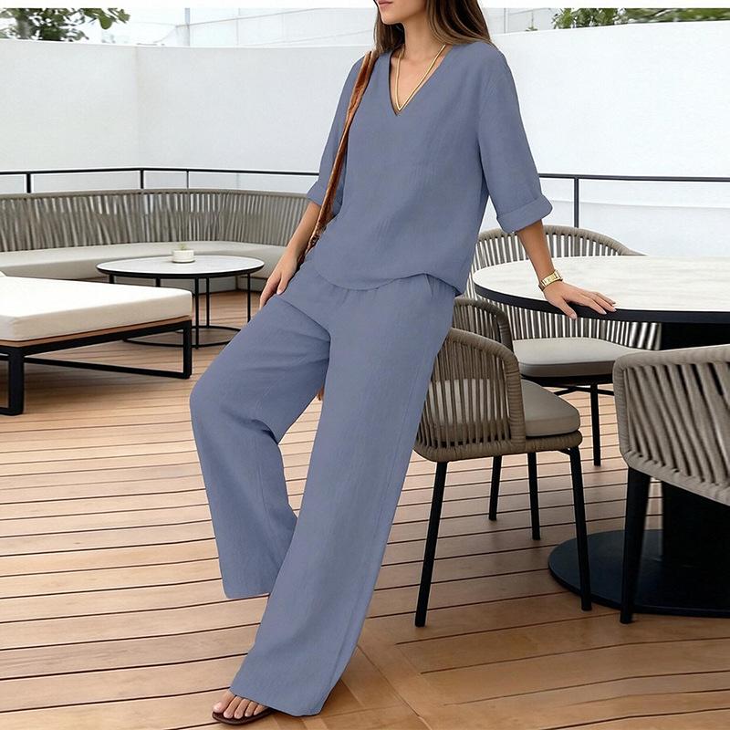 2026 Women's Spring New, Amazon Cross-border Europe and America, Fashion Casual Loose Solid Color Wide Leg Pants Set