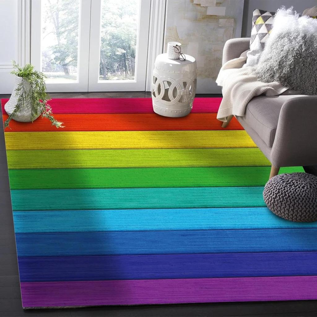 Rainbow Wood Grain Print Area Rug, Colorful Striped Design Non-Slip Floor Mat for Living Room Bedroom Home Decor Carpet